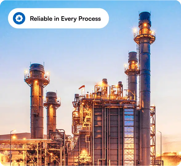 Industries served by Texas Flange — refinery at dusk with Reliable in Every Process badge